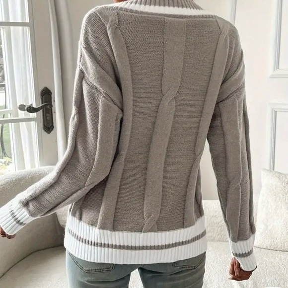 Gray/Biege Cable Knit Sweater with White Trim - Picture 8 of 8